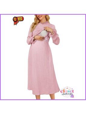 Women's Smocked Nursing Maternity Midi Dress with Pockets Long Sleeve